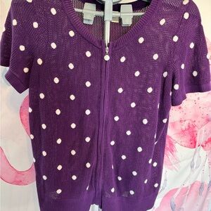 Christopher & Banks purple and white polka dot, 100% cotton full zip cardigan